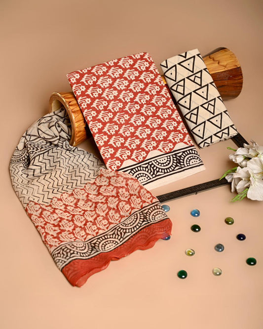 Premium Hand Block Printed Cotton Suit With Chiffon Dupatta (BACOTCF34)
