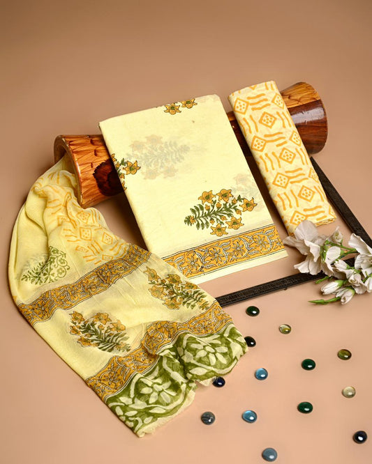 Premium Hand Block Printed Cotton Suit With Chiffon Dupatta (BACOTCF35)