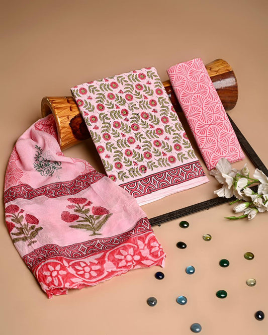 Premium Hand Block Printed Cotton Suit With Chiffon Dupatta (BACOTCF36)