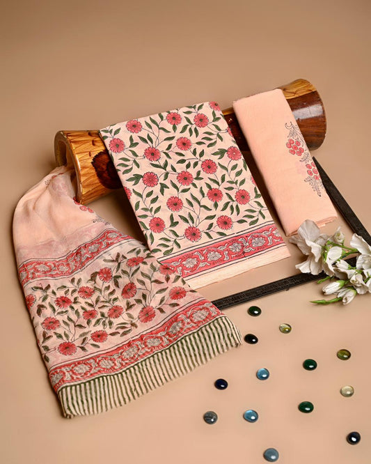 Premium Hand Block Printed Cotton Suit With Chiffon Dupatta (BACOTCF37)