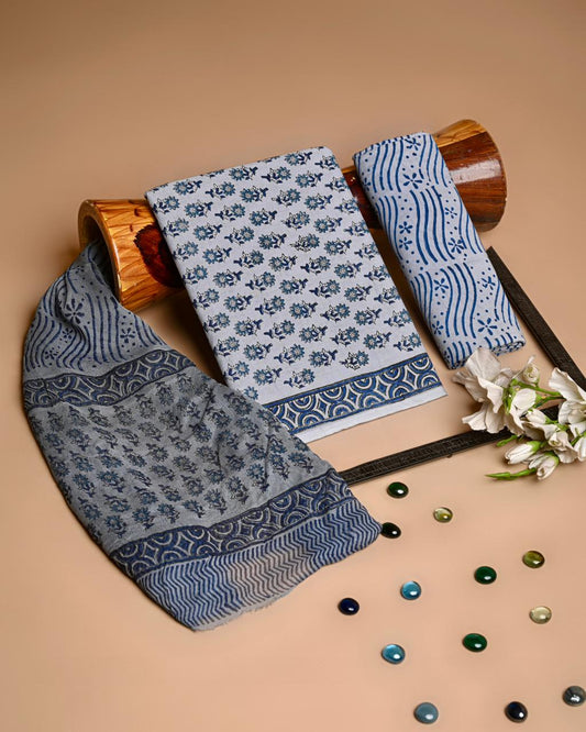 Premium Hand Block Printed Cotton Suit With Chiffon Dupatta (BACOTCF38)