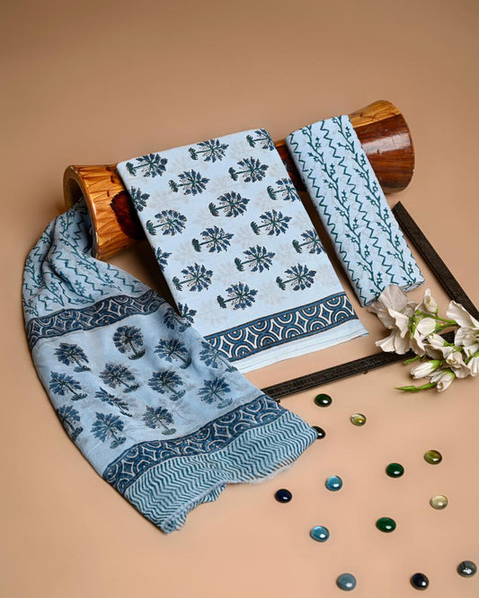 Premium Hand Block Printed Cotton Suit With Chiffon Dupatta (BACOTCF39)
