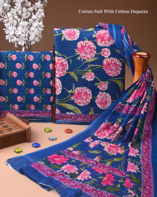 Premium Hand Block printed Cotton Suits With Cotton Dupatta (BACOTCO04)
