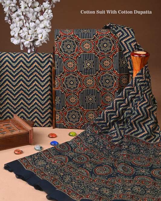Premium Hand Block printed Cotton Suits With Cotton Dupatta (BACOTCO08)