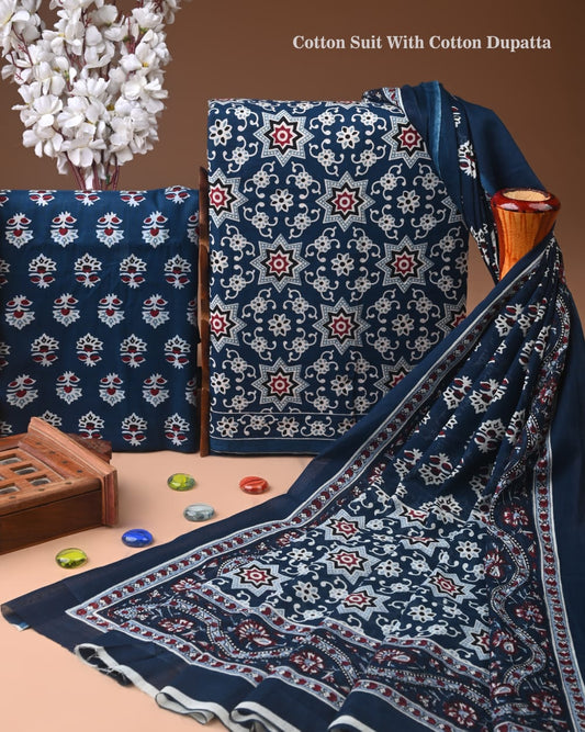 Premium Hand Block printed Cotton Suits With Cotton Dupatta (BACOTCO10)