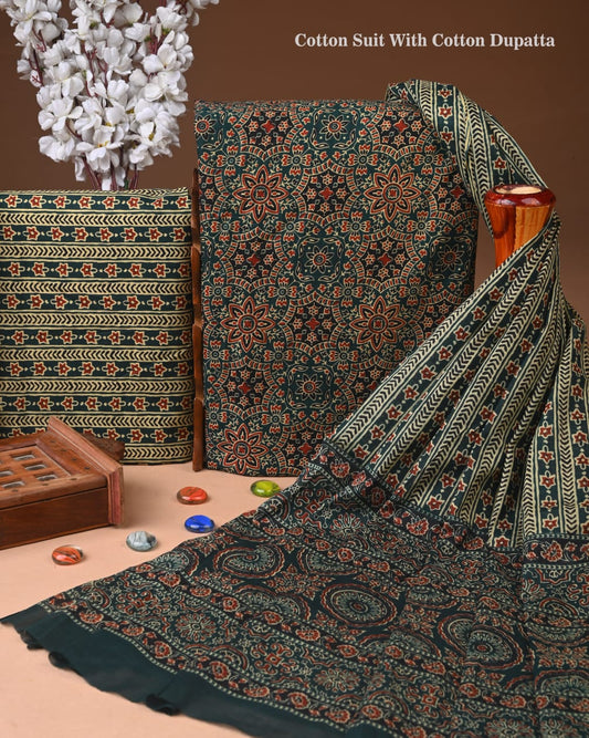 Premium Hand Block printed Cotton Suits With Cotton Dupatta (BACOTCO11)