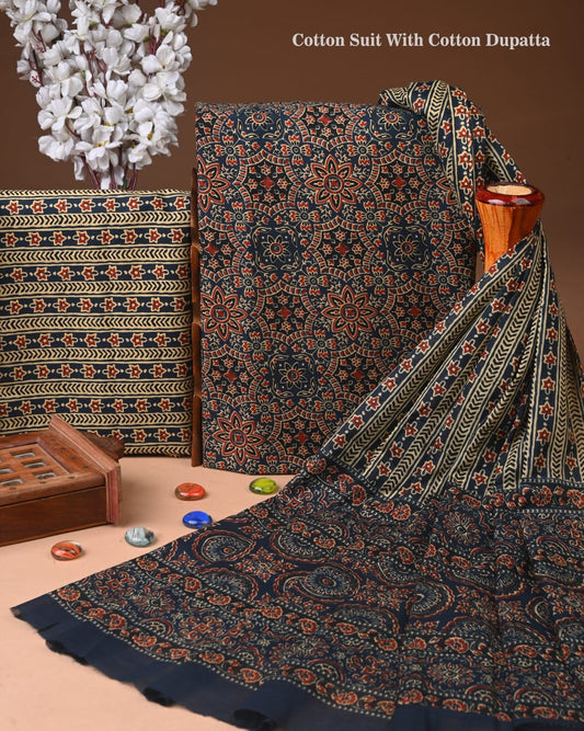 Premium Hand Block printed Cotton Suits With Cotton Dupatta (BACOTCO13)