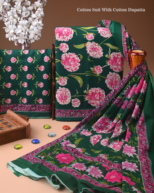 Premium Hand Block printed Cotton Suits With Cotton Dupatta (BACOTCO14)