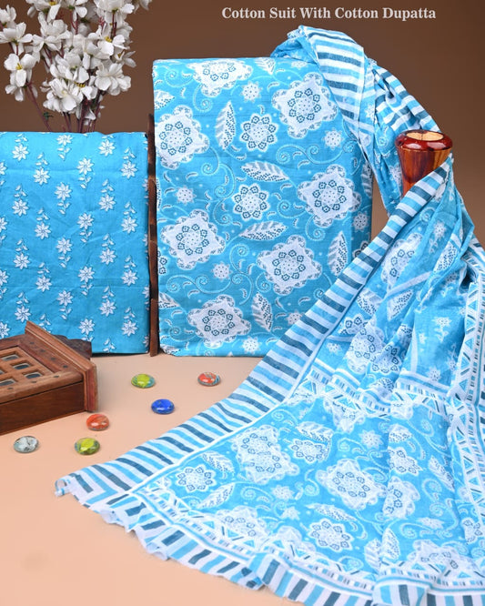 Premium Hand Block printed Cotton Suits With Cotton Dupatta (BACOTCO25)