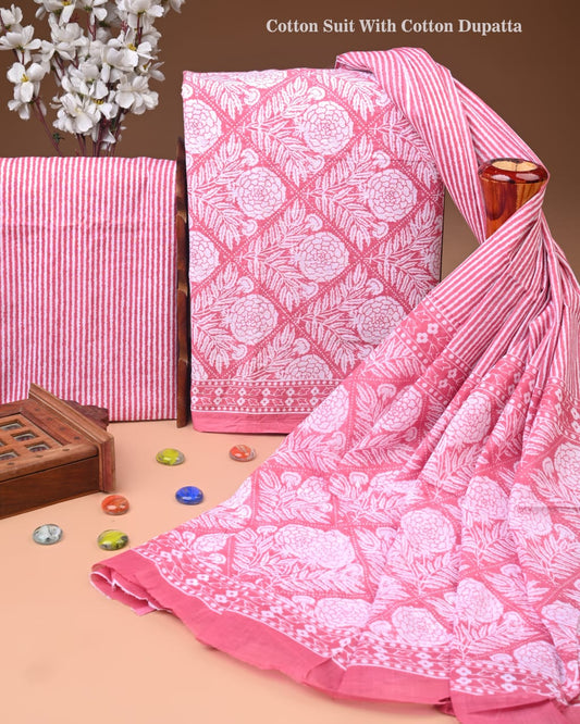 Premium Hand Block printed Cotton Suits With Cotton Dupatta BACOTCO26)