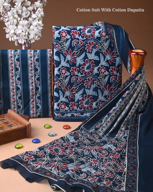 Premium Hand Block printed Cotton Suits With Cotton Dupatta (BACOTCO27