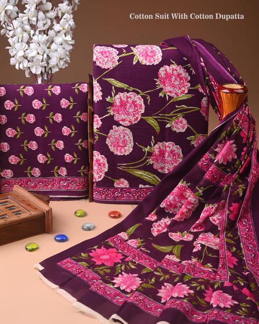 Premium Hand Block printed Cotton Suits With Cotton Dupatta (BACOTCO31)