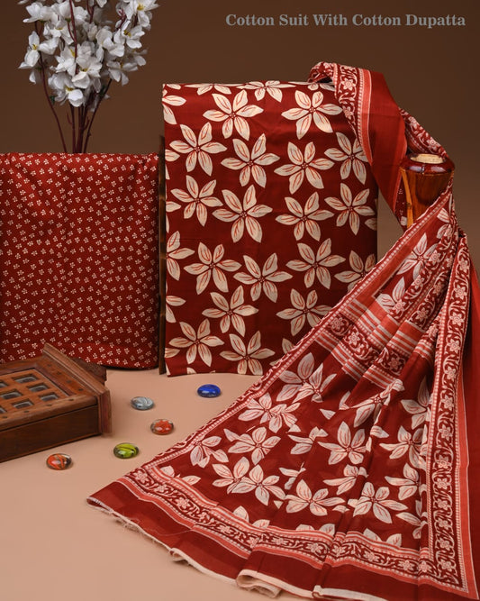 Premium Hand Block printed Cotton Suits With Cotton Dupatta (BACOTCO33)