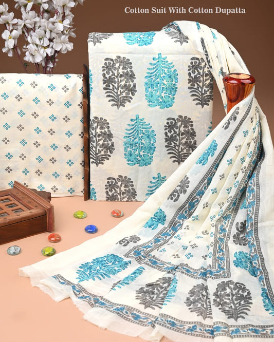 Premium Hand Block printed Cotton Suits With Cotton Dupatta (BACOTCO38)