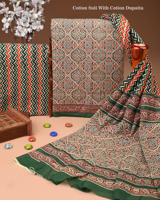 Premium Hand Block printed Cotton Suits With Cotton Dupatta (BACOTCO40)