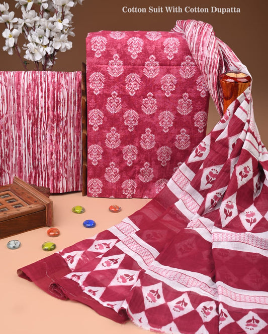 Premium Hand Block printed Cotton Suits With Cotton Dupatta (BACOTCO41)