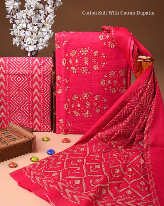 Premium Hand Block printed Cotton Suits With Cotton Dupatta (BACOTCO49)